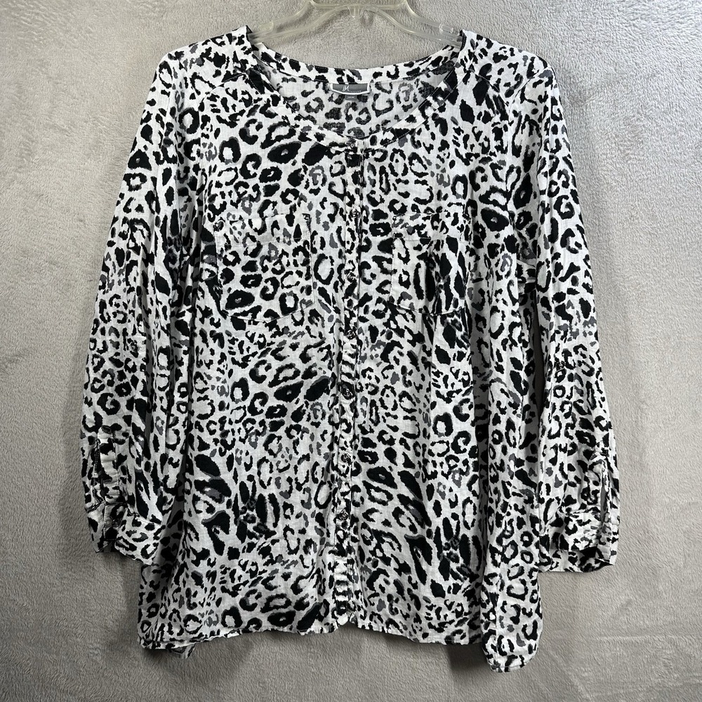 JM Collection Blouse Women Plus 18W Leopard 100% Linen Roll Tab Sleeve Shirt